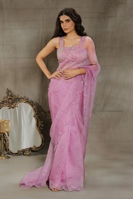 Buy Purple Saree Organza Silk Hand Embroidered Cut Dana Jasmine Love