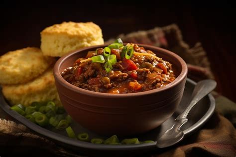 Premium Photo Hearty Chili With Biscuit Topping