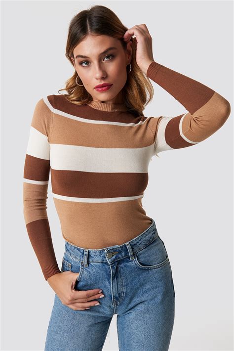 Round Neck Multi Striped Sweater Brown Na