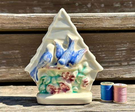 Vintage Shawnee Pottery Ceramic Wall Pocket Birdhouse With Bluebirds Of