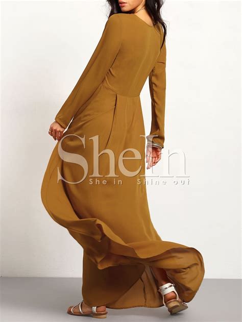 Brown Long Sleeve Lace Up Maxi Dress Shein Sheinside