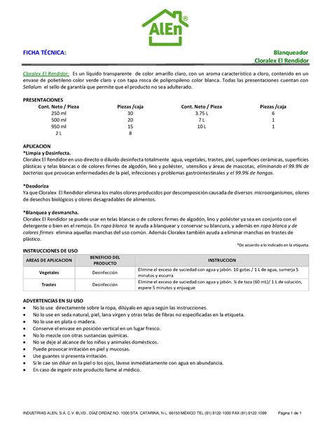 Cloralex Ficha Técnica 2018 Industrias Alen S C Blvd DÍaz Ordaz