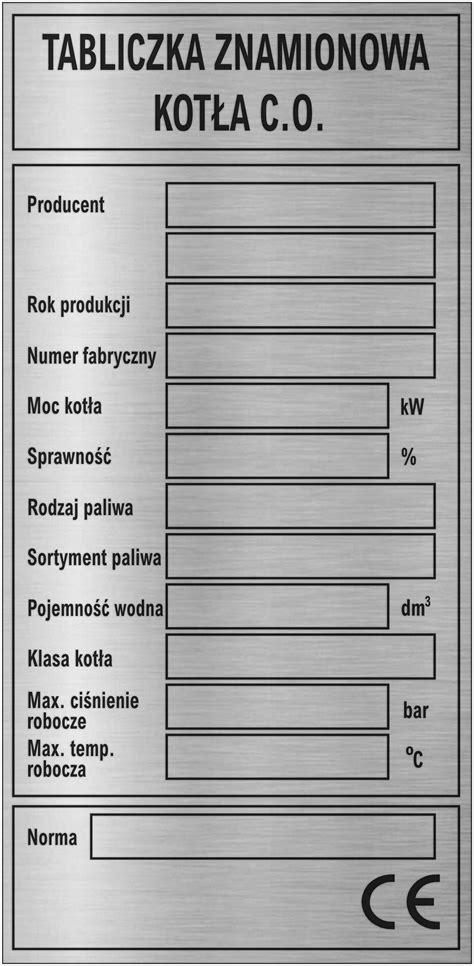 Tabliczka Znamionowa Na Piec C O Do Samodzielnego Wypisania