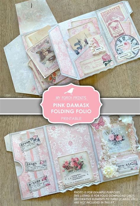 Junk Journal Folding Folio Pink Damask Pocket Folder Craft Kit