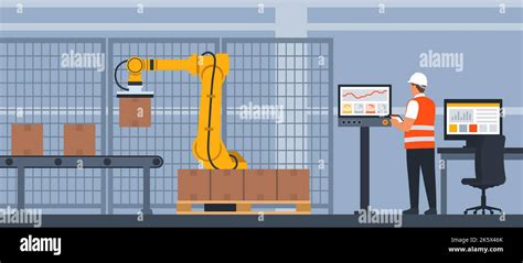 Smart Industry Engineer Monitoring And Controlling A Robotic Arm Using