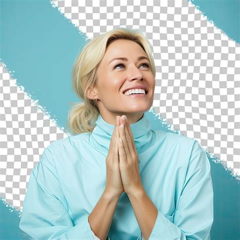Premium Psd Scandi Biotech Beauty Laughing Blonde In Pastel Blue