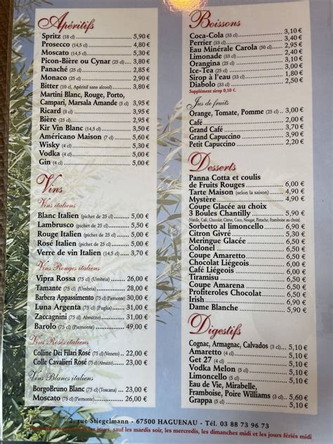 Menu Au Le Capri Pizzeria Haguenau