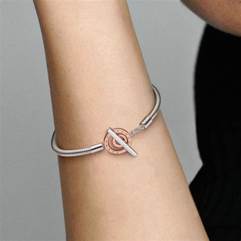 Pandora Moments Two Tone Logo T Bar Snake Chain Bracelet Two Tone