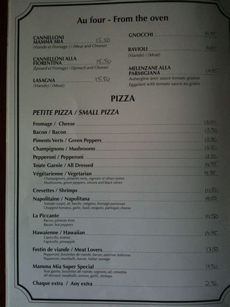 Menu at Mamma Mia Pizzeria, Montreal