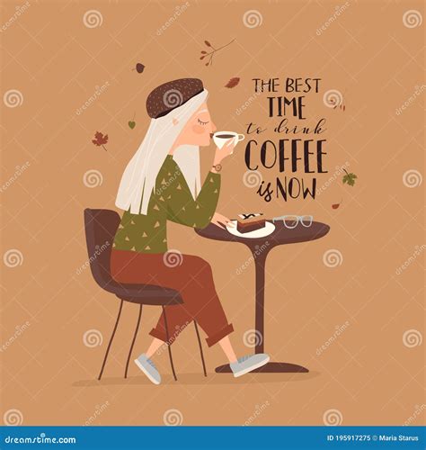 Cartoon Beautiful Girl Drinking Coffee At Cafe Stock Vector