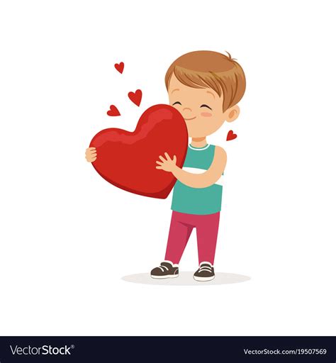 Cute Little Boy Holding Red Heart Happy Royalty Free Vector