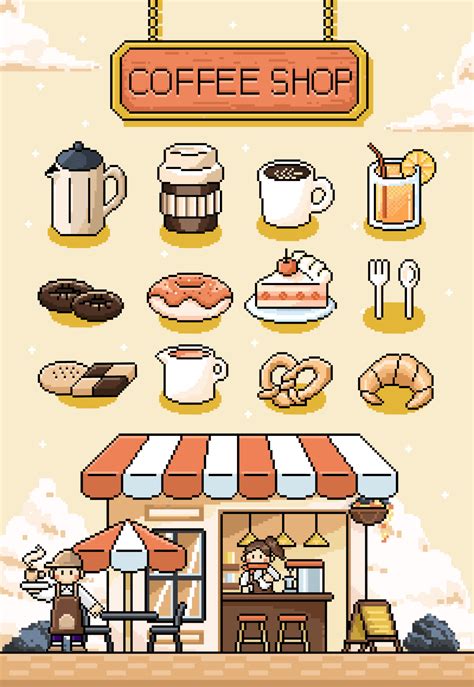 Cute retro pixel art of cafe bistro facade and various food and drink