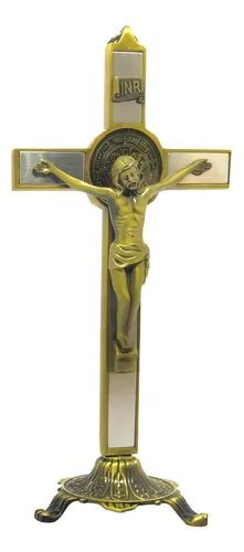 Crucifixo De Mesa Pequeno Cruz Parede Metal Prata 20cm Cor Ouro Velho