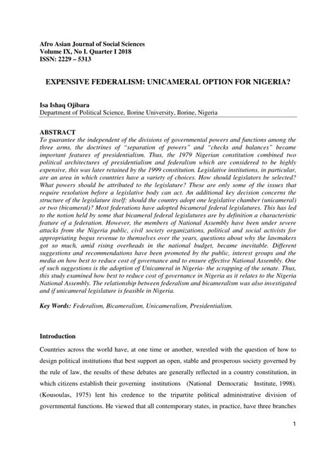 (PDF) Expensive federalism: Unicameral option for Nigeria?