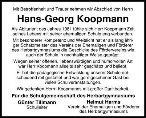 Traueranzeigen Von Hans Georg Koopmann Nordwest Trauer De