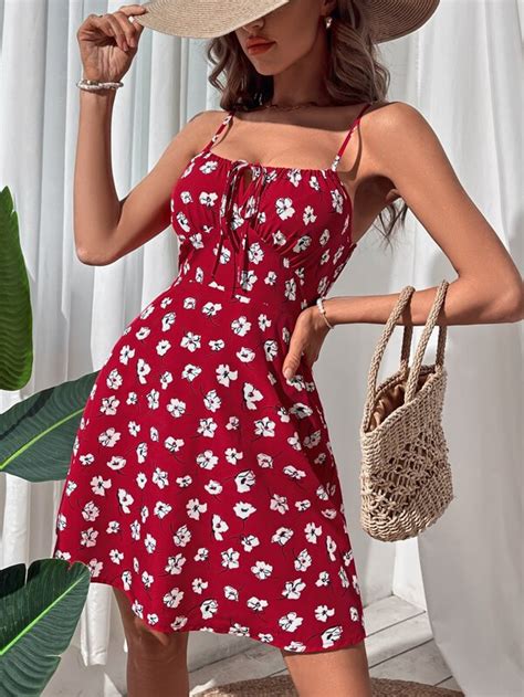 Shein Vcay Floral Print Knot Front Ruched Bust Cami Dress Shein Usa