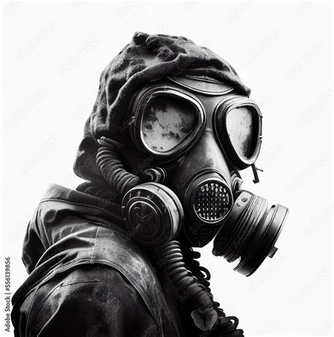 Man In A Gas Mask With A Hood Isolated On A White Background Close Up