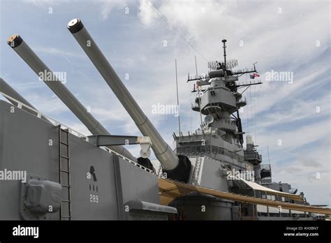 The Battleship Uss Missouri At Anchor In Pearl Harbor Hawaii Stock