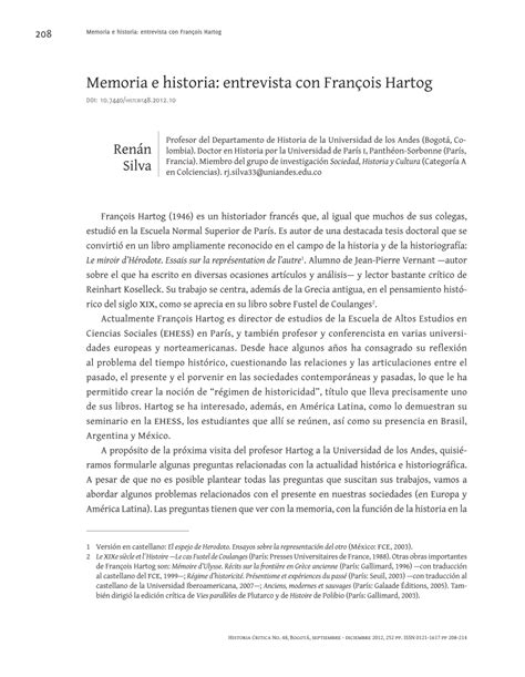 Pdf Memoria E Historia Entrevista Con François Hartog