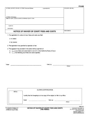 Fillable Online Alpine Courts Ca Notice Of Waiver Of Court Fees And