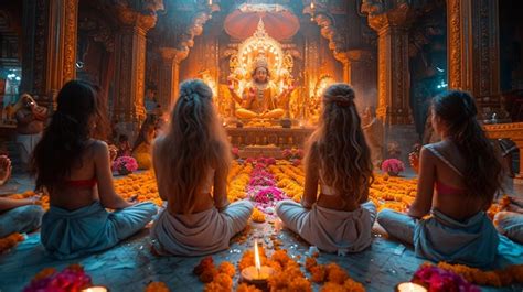 Premium Photo Devotees Offering Prayers To Goddess Durga During Navratri