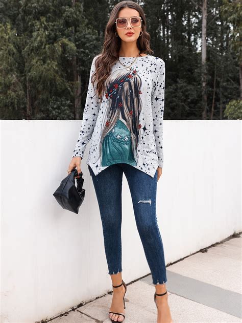 SHEIN Mulvari Camiseta con estampado de figura bajo asimétrico Moda