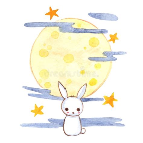 White Rabbit With Full Moon And Star Watercolor Illustration For