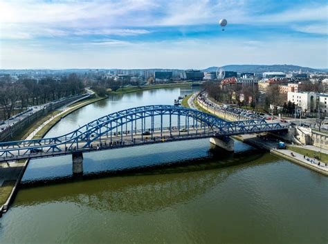 Bridge And Balloon Over Vistula River In Krakow Poland Stock Photo