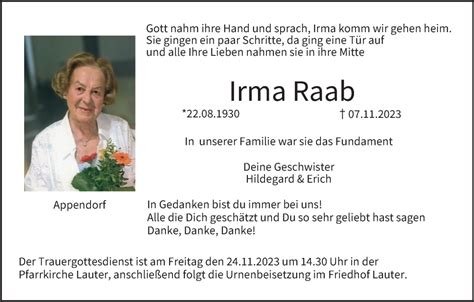 Irma Raab Traueranzeige Trauer Infranken De