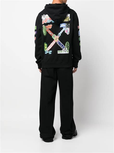 Off White Graphic Print Cotton Hoodie In Black Modesens