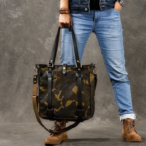 Waxed Canvas Leather Mens Womens 14'' Camouflage Tote Bag Handbag Tote