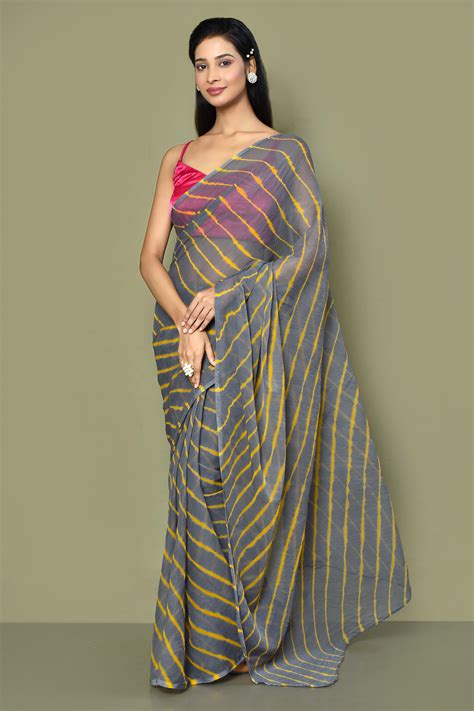 Buy Grey Uppada Silk Tie Dye Leheriya Pattern Saree With Running Blouse