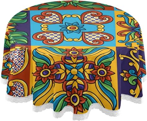 Hyjoy Mexican Talavera Ceramic Tile Pattern Round Tablecloth In Table