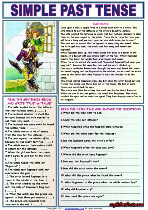 Rapunzel Comprehension Esl Exercises Worksheet Simple Past Tense Simple Past Past Tense