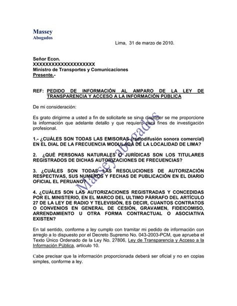 Modelo De Carta De Pedido De InformaciÓn Al Amparo De La Ley De Transparencia Y Acceso A La