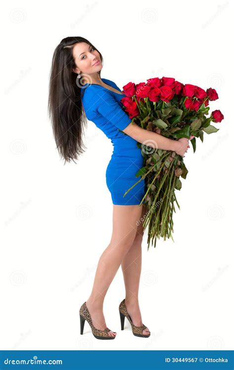 Brunette Woman Holding A Large Bouquet Of Red Rose Stock Image Image