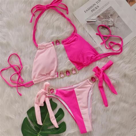 Pink Sexy Bikinis Swimsuit With Rhinestones Women Swimwear Female Push