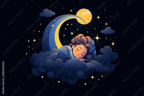 Cartoon illustration of a child sleeping in the bed in night time Stock Illustration | Adobe Stock