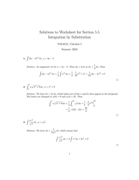 Lesson 28 Integration By Substitution Worksheet Solutions Pdf