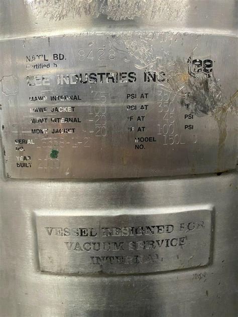 Used Liter Lee Gal Stainless Steel Jacketed Reactor Tank