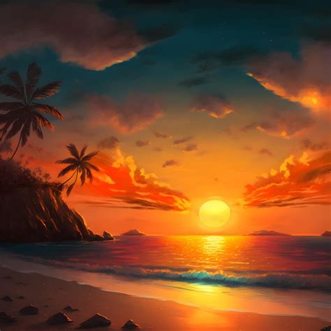 Premium AI Image | A painting of a beach with a sunset and palm trees.