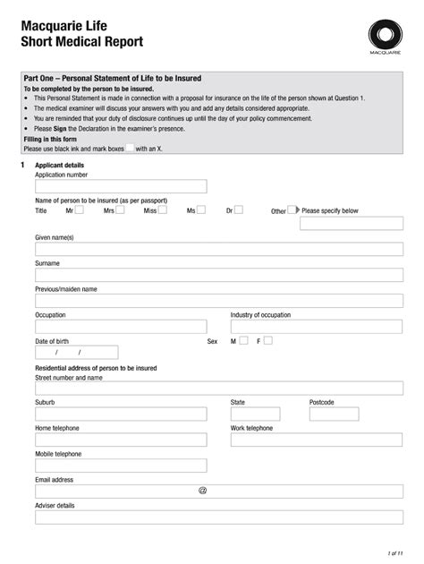 Fillable Online Macquarie Life Short Medical Report Health Screening