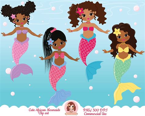 Mermaid Clipart Cute Mermaid Clip Art Black Mermaid Clipart Etsy