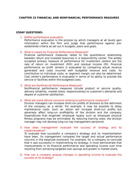 Financial And Nonfinancial Performance Measures Chapter
