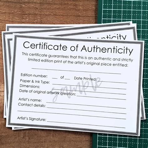 Authenticity Certificate Template for Artwork, Limited Edition Fine Art / Giclee Prints 4 on A4 ...