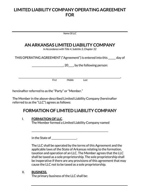 Arkansas Llc Operating Agreement Templates Pdf Word