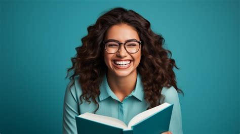 Premium Photo A Woman Wearing Glasses Holding A Book In The Studio