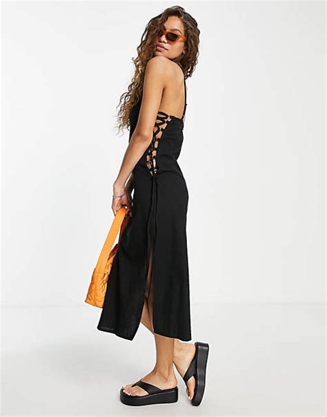 Asos Design Midi Trägerkleid Aus Leinen In Schwarz Mit Schlitz Und