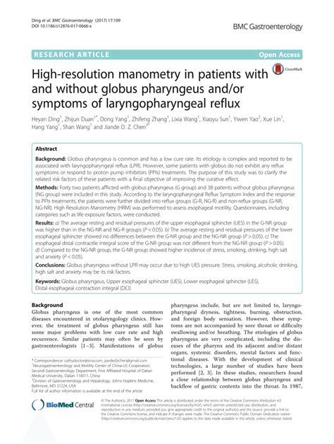 Pdf High Resolution Manometry In Patients With And Without Globus