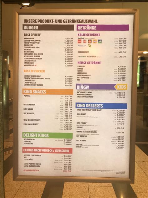 Speisekarte von Burger King Sihlquai Zürich Zollstrasse 1